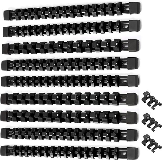 ALOANES 9PC ABS Socket Organizer, Socket Rails Fit 1/2 inch, 3/8 inch and 1/4 inch Drive, Heavy Duty Socket Holders Hold up to 129 Sockets, Black Rails with Black Clips