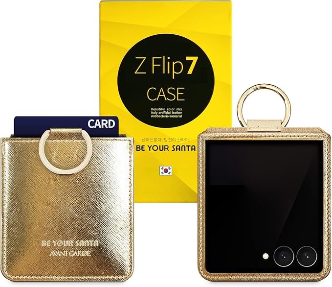 [BeYourSanta] Galaxy Z Flip 7 Case with Ring - Avant-Garde Handmade Saffiano Vegan Leather Case, Anti-Scratch Hinge Protection, Made in Korea (1 Pocket, Fortuna Gold)