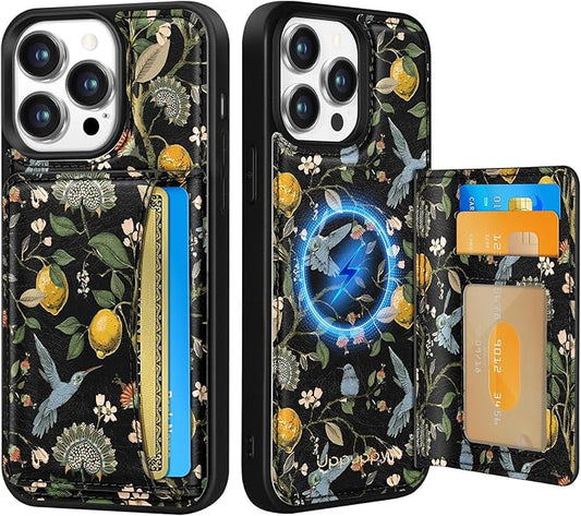 for iPhone 12 Pro Max Case with Wallet - Fits 4 Card Slots, Compatible with MagSafe for Women Aesthetic PU Leather Credit Card Holder Kickstand Phone Cover for Apple 12 Promax, Lemon Bird