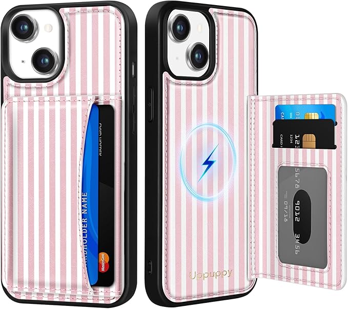 for iPhone 14 Plus Case with Wallet - Fits 4 Card Slots, Compatible with MagSafe for Women Aesthetic Durable PU Leather Credit Card Holder Kickstand Phone Cover for Apple 14 Plus, Stripe