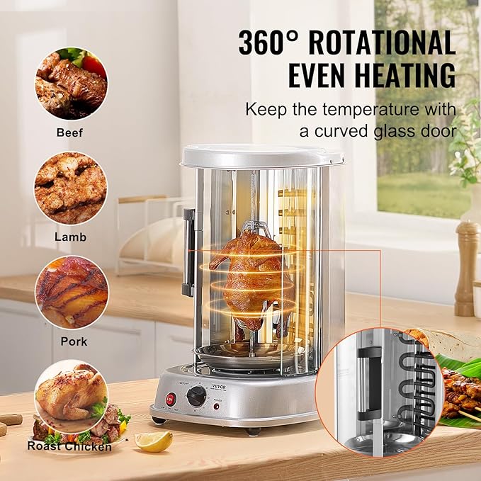 VEVOR Shawarma Grill Machine, Vertical Chicken Shawarma Cooker Machine Countertop, Electric Stainless Steel Broiler Gyro Rotisserie Oven Doner Kebab Machine, for Home Restaurant Kitchen Parties