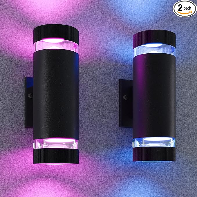 wowlite RGB Up and Down Lights Outdoor 2 Pack, Back Porch Lights Outdoor Wall Light Fixtures WiFi App Control, 2700k-6500k Cylinder Modern Wall Sconce Lights Color Changing LED Garage Light