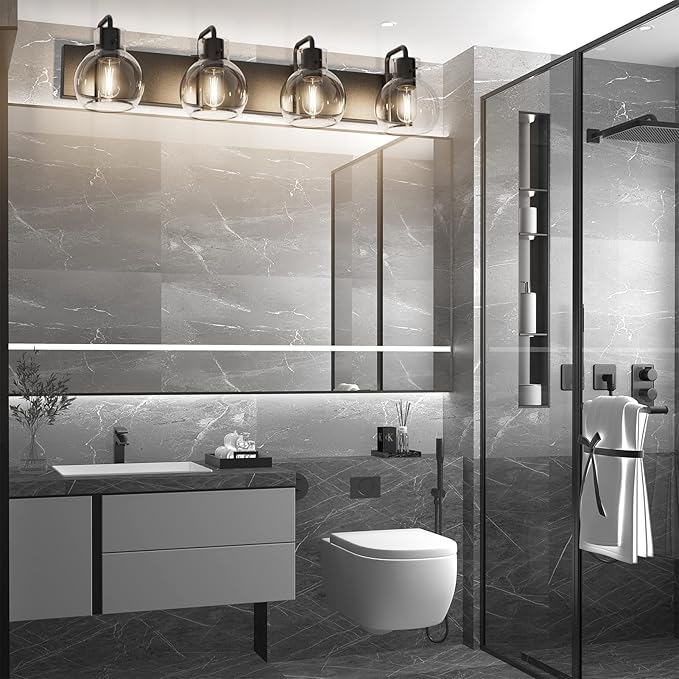 Tipace Black Industrial Bathroom Vanity Light Fixtures Over Mirror Glass Globe 4 Lights Vintage Vanity Lights Farmhouse Bath Lighting(Exclude Bulb)