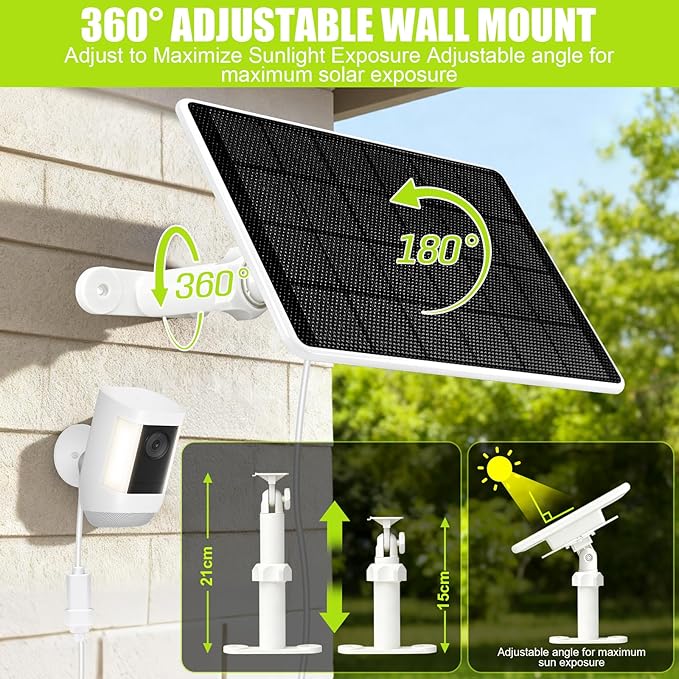6W Solar Panel for Ring Camera, 2 Pack Solar Charger Compatible with Ring Stick Up Cam, Spotlight Cam Plus/Pro, 9.8ft Cable with USB-C to Barrel Plug Adapter, IP66 Waterproof, Extendable Bracket