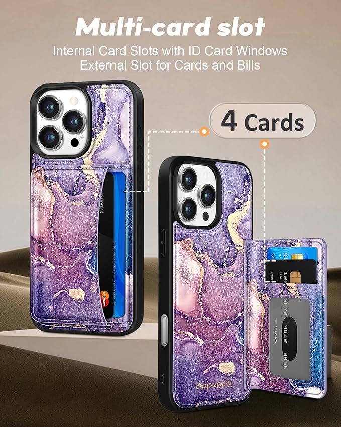 for iPhone 16 Pro Max Case with Wallet - Fits 4 Card Slots, Compatible with MagSafe for Women Aesthetic PU Leather Credit Card Holder Kickstand Phone Cover for Apple 16 Promax, Purple Marble