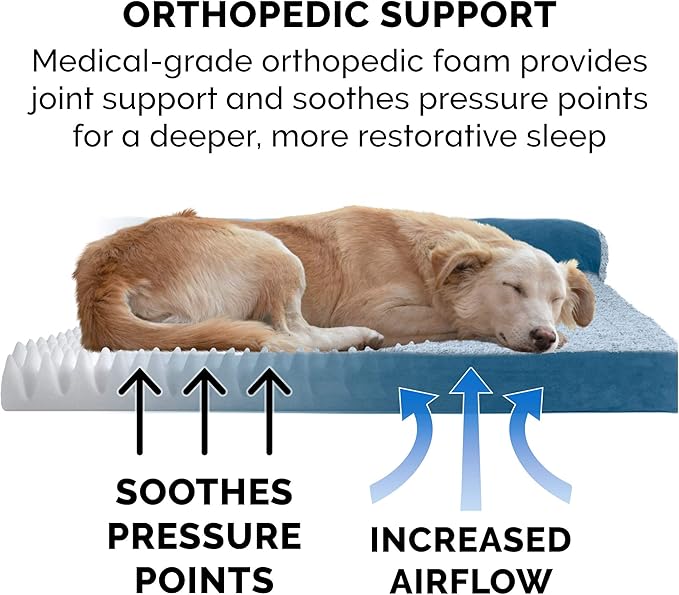FurHaven Orthopedic Dog Bed for Large Dogs, L-Shaped Chaise Sofa with Orthopedic Egg Crate Foam for Joint Support, Removable Washable Cover, Jumbo/XL, Faux Fur & Suede, Marine Blue