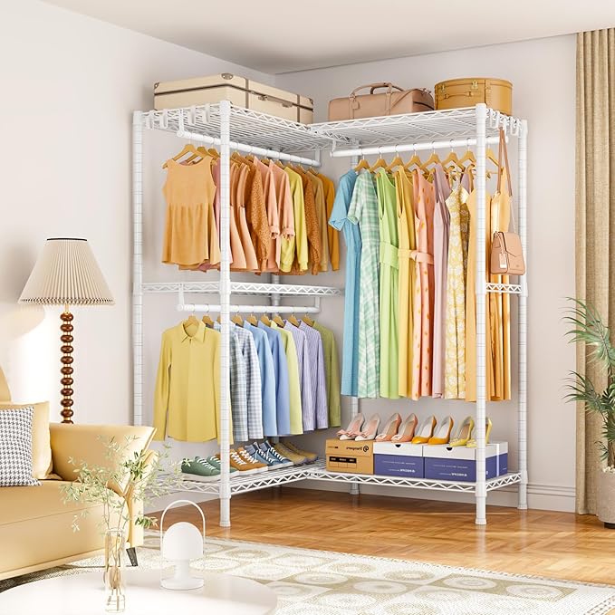 E15 Garment Rack L Shaped Clothes Rack for Corner，Freestanding Clothing Racks for Hanging Clothes，Heavy Duty Closet Organizer with 4 Hanging Rods & 8 S Hooks，43.3" W x 29.4" D x 78.4" H，White