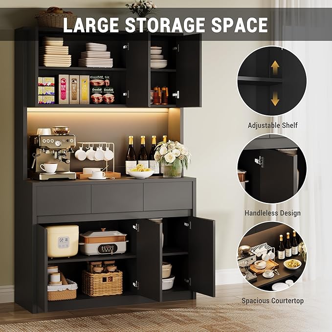 71" Tall Kitchen Pantry Cabinet, Adjustable Shelves & Doors and Three Drawers, Microwave Shelf, Coffee Bar with LED Lights & Charging Station, Corner Storage Hutch for Living Room, Black