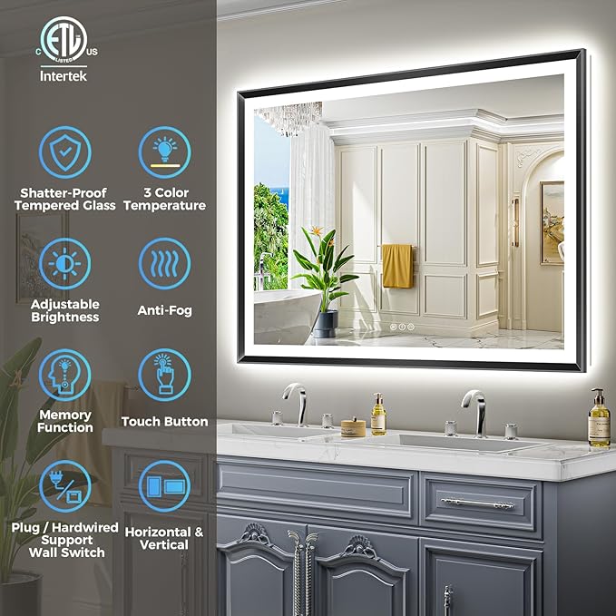 51x32 Black Framed LED Bathroom Mirror with Lights, Backlit and Front Light, Lighted Bathroom Vanity Mirror for Wall Dimmable Anti-Fog Memory Tempered Glass Horizontal/Vertical