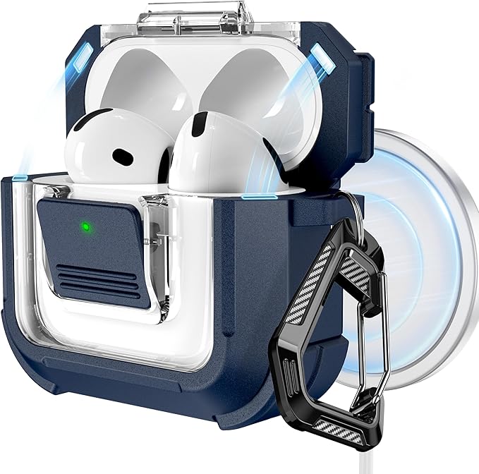 RFUNGUANGO for AirPods 4 Case, Compatible with AirPods 4th Generation Case (2024), Compatible with MagSafe, Magnetic Automatic Lock with Cleaner Kit and Keychain, Front LED Visible, Blue