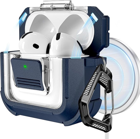 RFUNGUANGO for AirPods 4 Case, Compatible with AirPods 4th Generation Case (2024), Compatible with MagSafe, Magnetic Automatic Lock with Cleaner Kit and Keychain, Front LED Visible, Blue