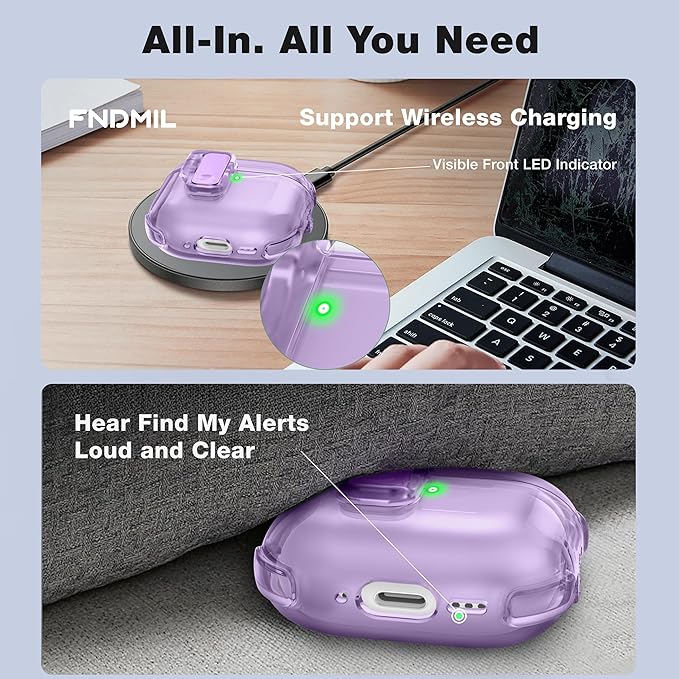 Clear Case for AirPods 4 Case Cover with [Lock Safety &Pop Up][Military Shockproof] Anti-Yellow Transparent Soft TPU Wireless Charging for AirPods 4th Generation Case with Keychain,Clear Purple