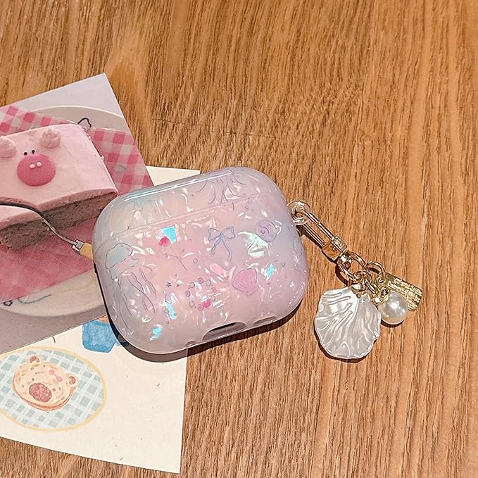 for AirPod 4 Case Cute Shell Pearl Ocean Design for Women Girls TPU Protective Cover with Keychain Compatible for AirPods 4th Generation (Glitter Jellyfish)