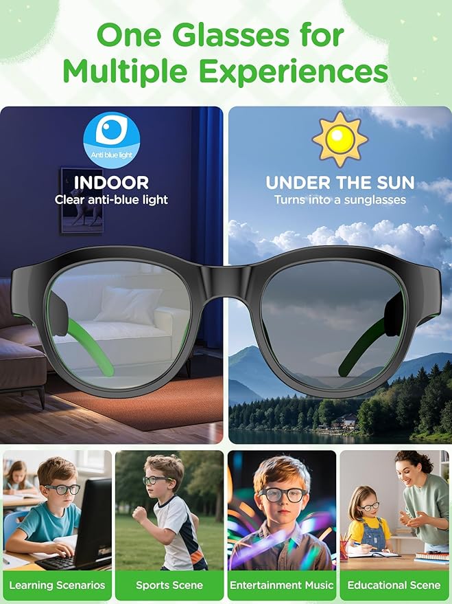 Kids Smart Glasses: UV400 Blue Light Glasses - Built-in Mic & Open Ear Bluetooth Speakers - 7-color RGB Light Strip - Voice & Touch Control - Works with iOS/Android for Kids 6-12 Gifts