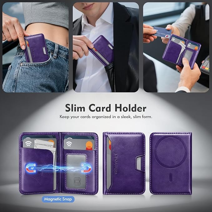 Antsturdy for Magsafe Wallet Stand with Holder,PU Leather RFID Blocking Card Holder,5 Card Slots,Strong Magnet Minimalist Flip Folio Kickstand for iPhone 17/16/15/14/13/12/Pro/Max/Plus/Air,Purple