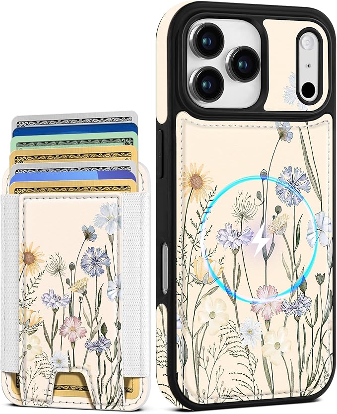 Shorogyt for iPhone 17 Pro Max Case Wallet - Fits 5 Cards, Compatible with Magsafe Magnetic Credit Card Holder Leather Cardholder Cute Phone Cover Women Girls for Apple 17 ProMax, Color Flower