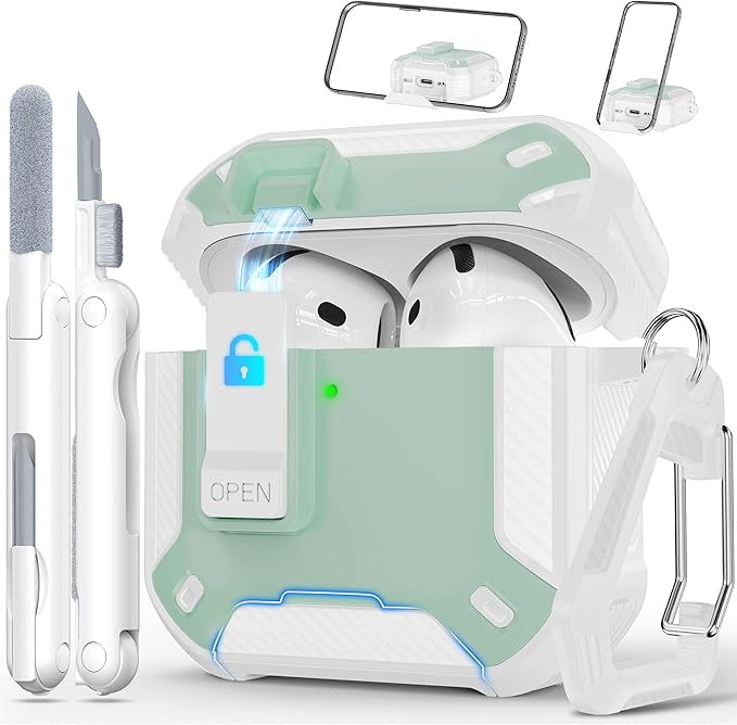 RFUNGUANGO for AirPods 4 Case, Compatible with AirPods 4th Generation Protective Case with Phone Stand & Cleaning Kit, Magnetic Automatic Lock, Compatible with MagSafe,Mint Green