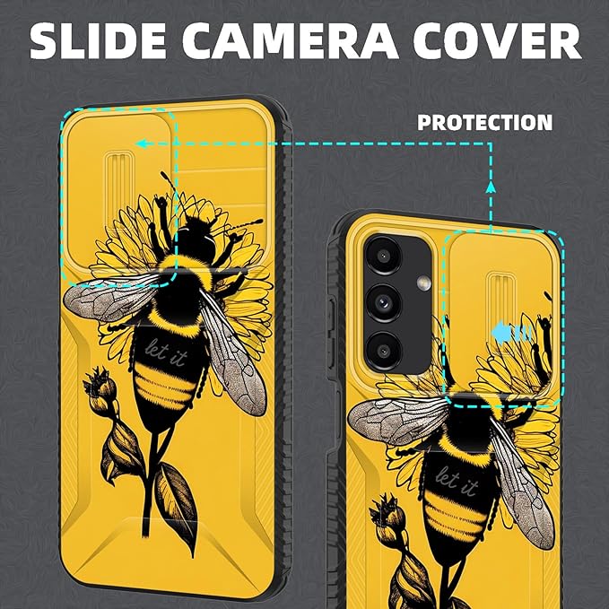 for Galaxy A15 5G Case Built in Slide Camera Lens Cover,Heavy Duty Shockproof Protection Dual Layer Case for Samsung Galaxy A15 5G 6.5 inch 2024,Honeybee Flower