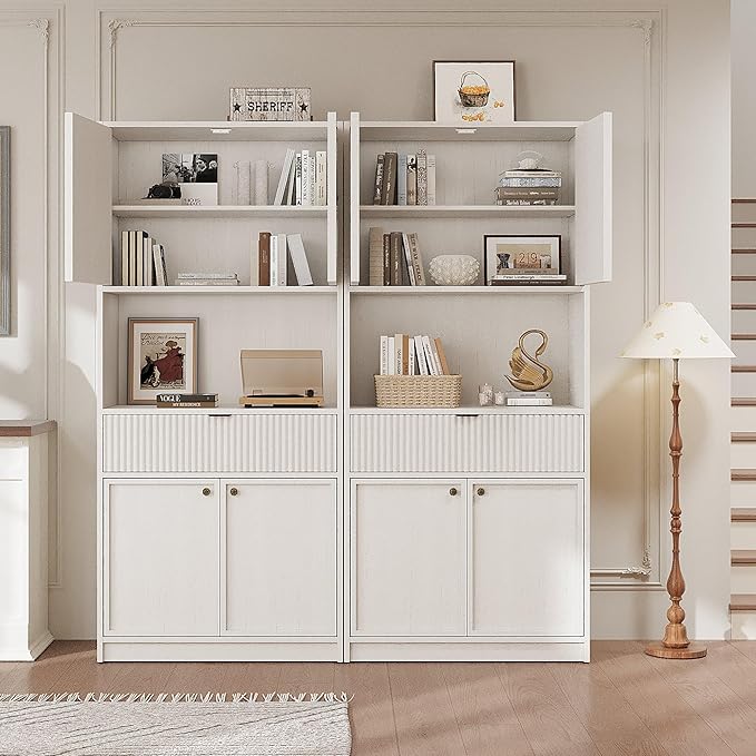 Garvee Tall Kitchen Pantry Cabinet, 70" Pantry Storage Cabinet with Countertop, Fluted Kitchen Hutch Cabinets with Doors and Drawer, Freestanding Cupboard for Dining Room, Living Room, Antique White