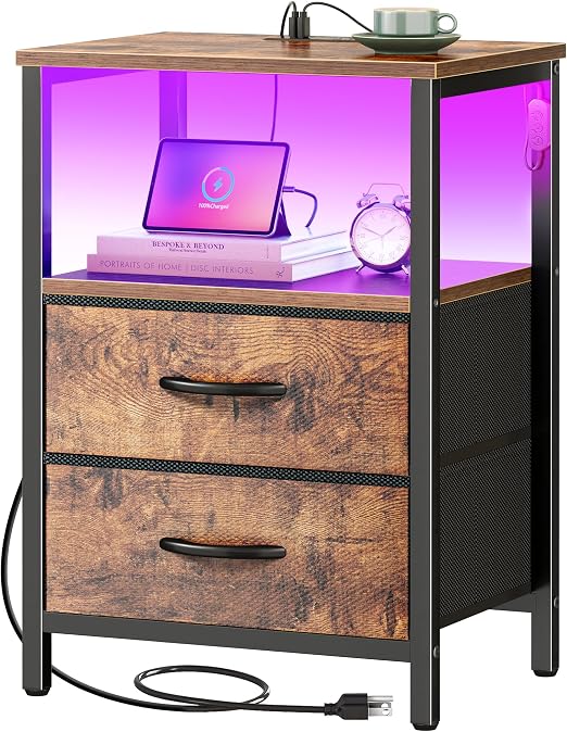 Huuger Night Stand with Charger Station and LED Lights, 2 Drawer Nightstand