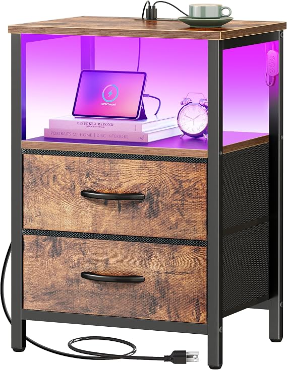 Huuger Night Stand with Charger Station and LED Lights, 2 Drawer Nightstand