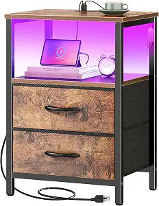 Huuger Night Stand with Charger Station and LED Lights, 2 Drawer Nightstand