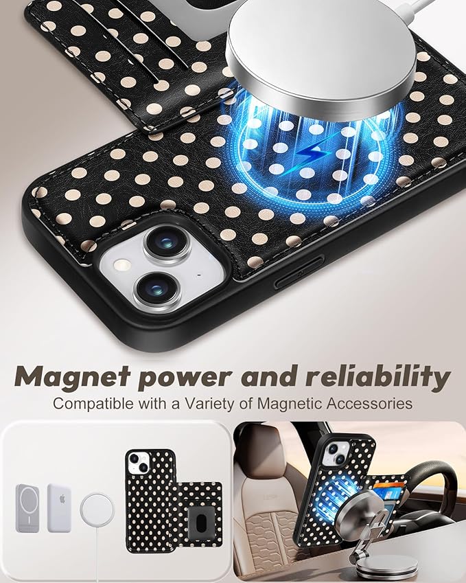 for iPhone 15 Plus Case with Wallet - Fits 4 Card Slots, Compatible with MagSafe for Women Aesthetic Durable PU Leather Credit Card Holder Kickstand Phone Cover for Apple 15 Plus, Black Polka