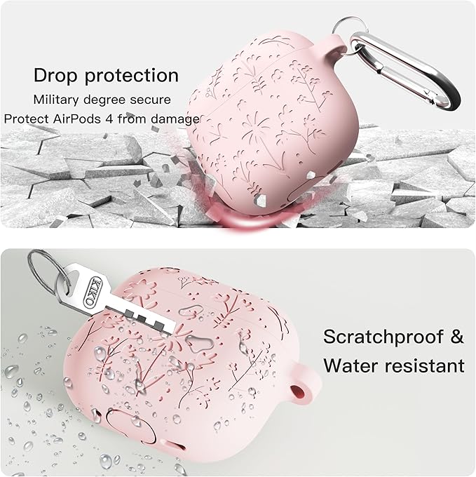 DamonLight Flora Engraved Case for AirPods 4 with Active Noise Cancellation Cover Shockproof Protective Soft Silicone Case with Cleaning Pen and Keychain for Apple Airpods 4th Generation(Pink)