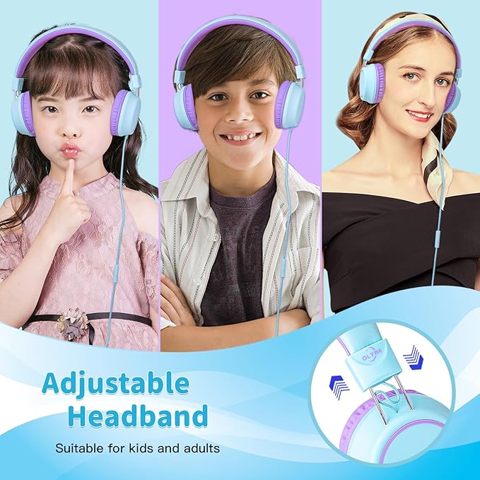 Olyre Kids Headphones, Toddler Headphones with Cord for School Plane Travel, Lightweight Stereo Wired Children Earphones with HD Microphone for Boys Girls for PC Cellphone Tablet(Icy Mint Blue/Purple)