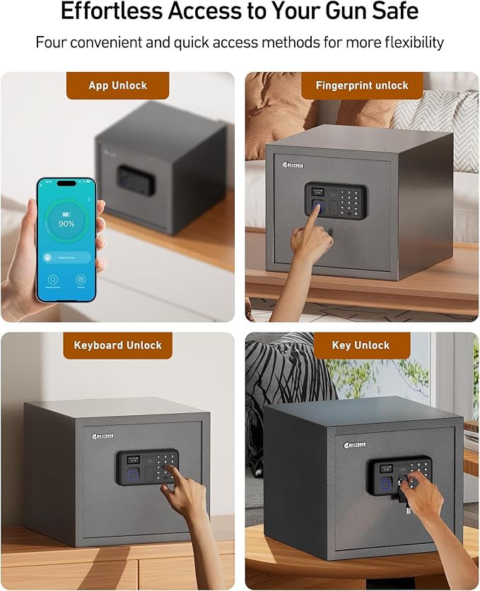 Billconch Smart Gun Safe for Multiple Pistols - Automatic Lock Safe Box with LCD Display/Voice Guide, Quick Access Unlock with Fingerprint/Keypad/Key/App, Biometric Handgun Safe for Money Valuables