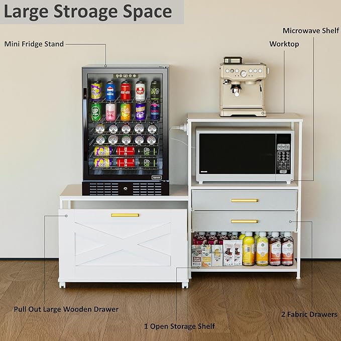 Mini Fridge Stand with Storage, Farmhouse Fridge Cabinet with Power Outlet & Movable Drawers, Microwave Oven Stand with Wheels, Kitchen Bakers Rack for Home Bar Office, White