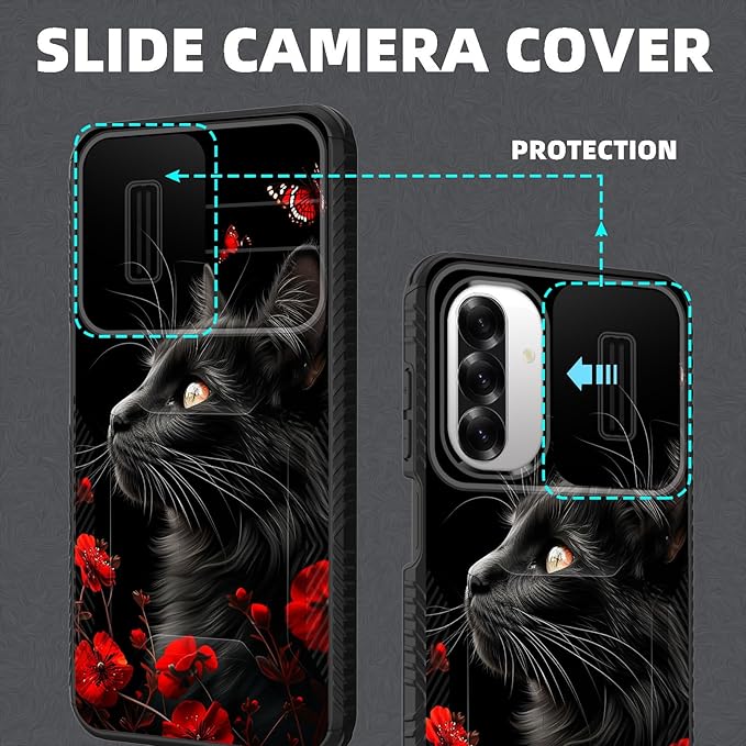 for Galaxy A26 5G Case Built in Slide Camera Lens Cover,Heavy Duty Shockproof Protection Dual Layer Case for Samsung Galaxy A26 5G 6.7" 2025,Black Cat Flowers and Butterflies