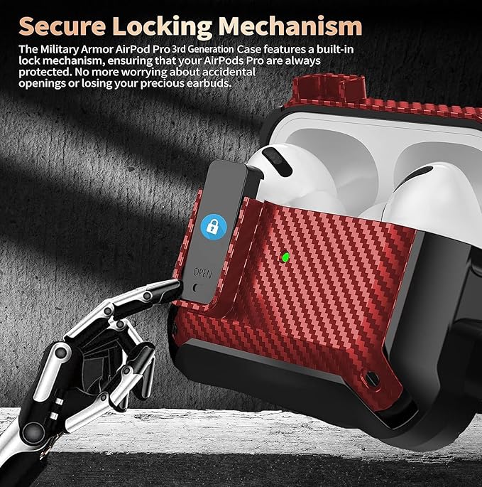 for Airpods Pro 3 Case with Lock Clip, Rugged Apple Airpods Pro 3rd Generation Cover 2025 Men Women, Armor Shockproof iPod Pro3 Gen Protective Hard Shell with Carabiner&Cleaner kit,CF Black/Red