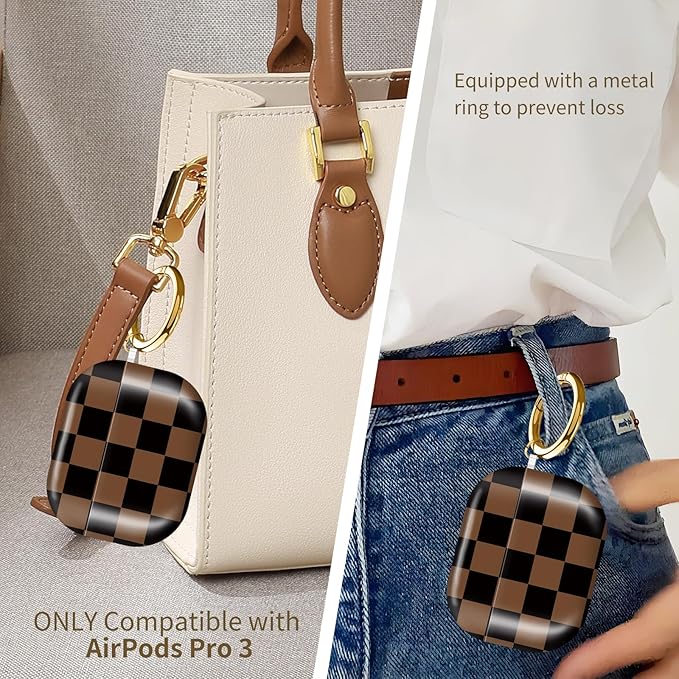 Compatible with AirPods Pro 3rd Generation 2025 Case Cover with Gold Keychain - Cute Protective Hard AirPod Pro 3 Cases for Women - Brown Black Checkered