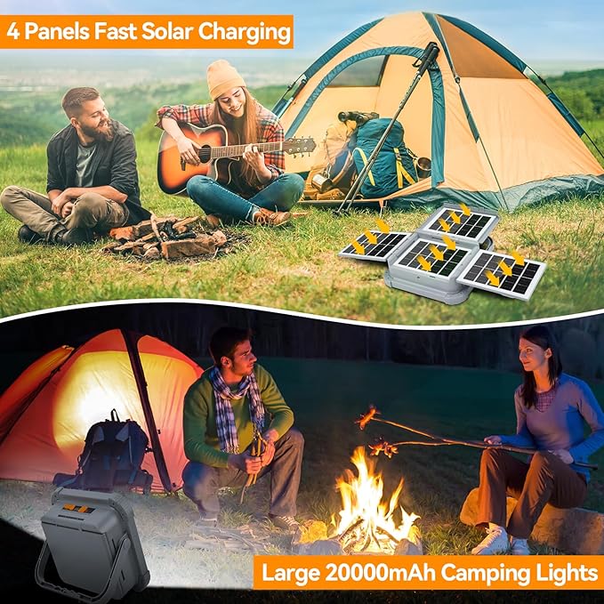 4 Solar Panels Work Light 120W,Portable Camping Lights 20000mAh Battery with USB C Charging Ports as Power Bank,Bright 12000LM 3Modes+Stepless Dimming Flood Light IP66 Waterproof