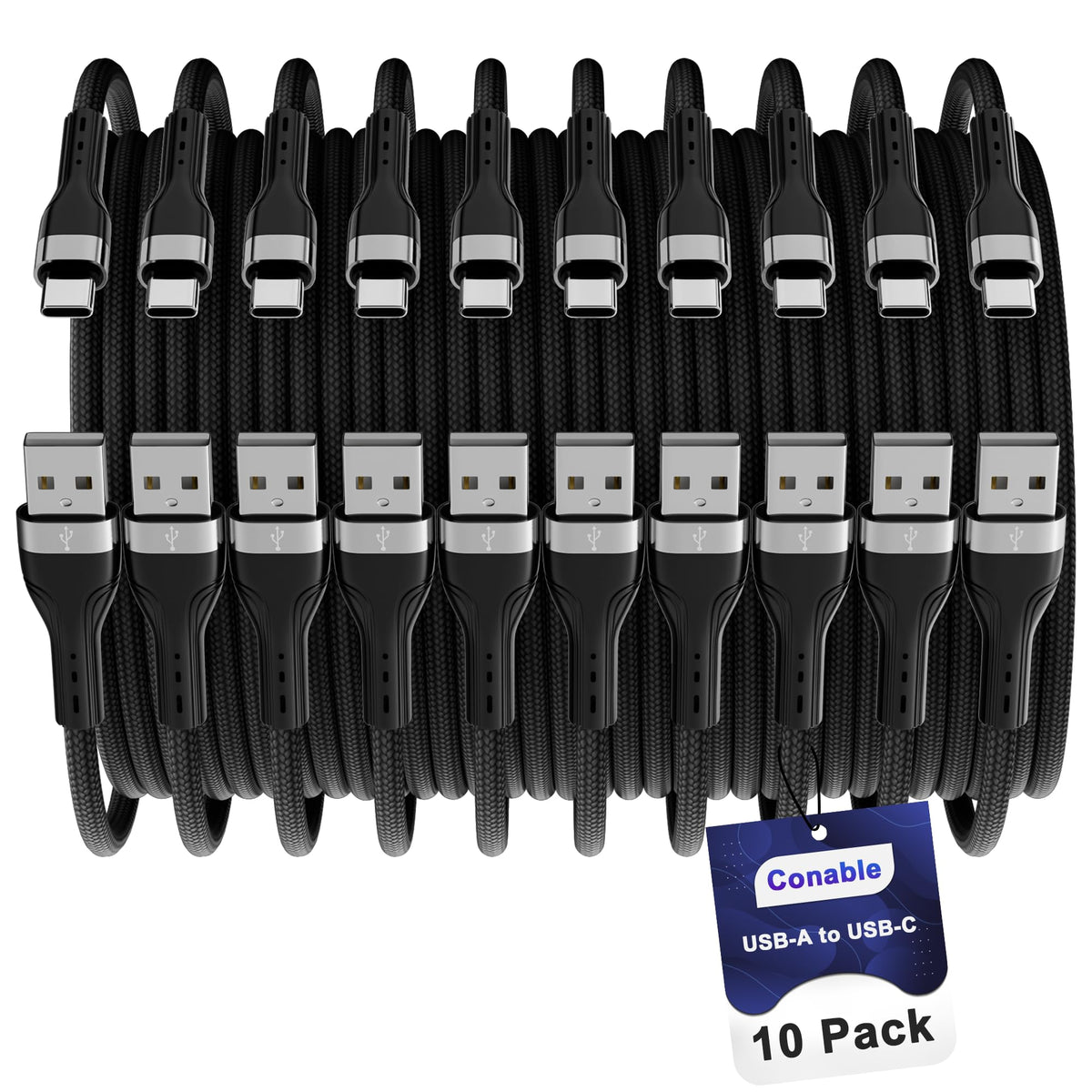 USB C Cable (8FT, 10 Pack), USB A to USB Cord, 3A Fast Charging, Braided