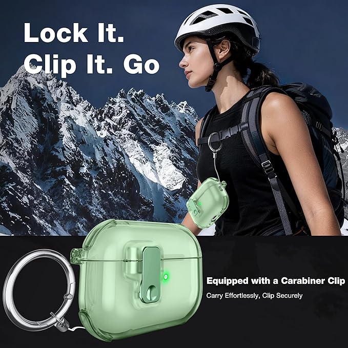 Clear Case for AirPods Pro 2 Case Cover with Lock Safety&Pop Up [Military Shockproof]Anti-Yellow Transparent Wireless Charging for AirPods Pro 2nd/1st Generation Case with Keychain,Clear Green