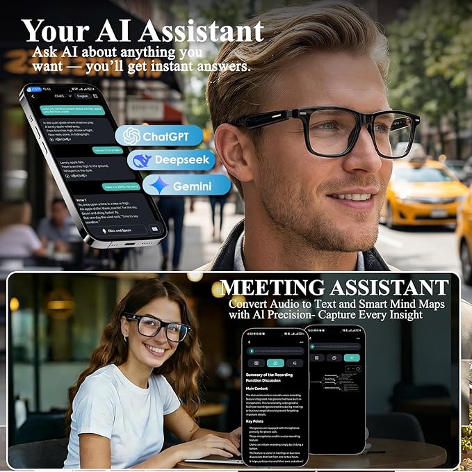 AI Smart Glasses for Men & Women – Bluetooth Glasses w/ 164 Languages Translation, Photochromic Lenses, Music & Hands-Free Calls, UV & Blue Light Protection for Sports Travel Driving Business