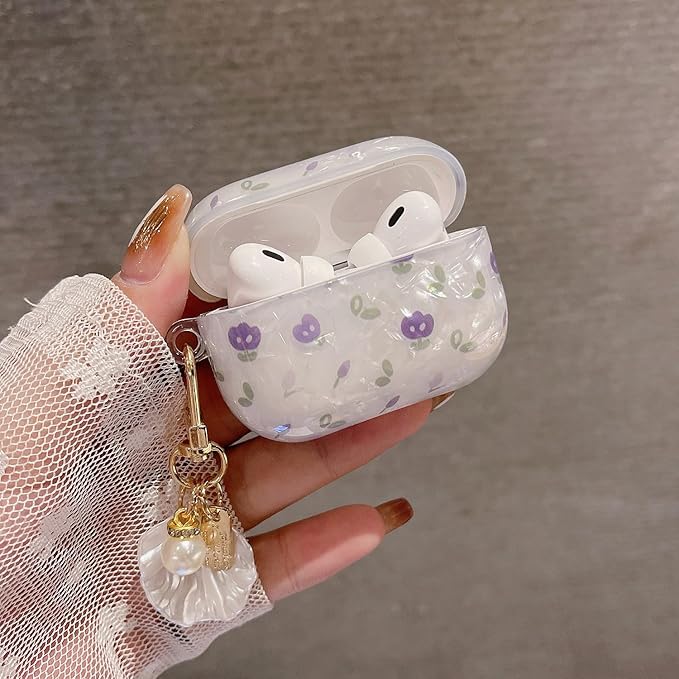 Cute Airpod Pro 2 Case Flower with Shell Pearl Keychain Floral Marble Hard TPU Protective Cover Compatible with AirPods Pro 2nd Generation Case for Girls Women (Tulip Purple)