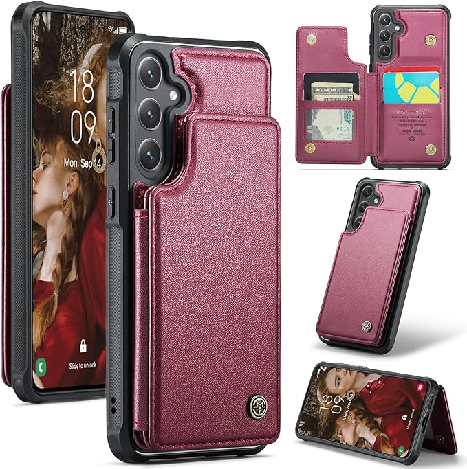Bemal for Samsung Galaxy S24 Wallet Case with Card Holder, RFID Blocking, Shockproof Leather Kickstand for Men and Women, Durable Protective Phone Cover for 6.2", Wine Red