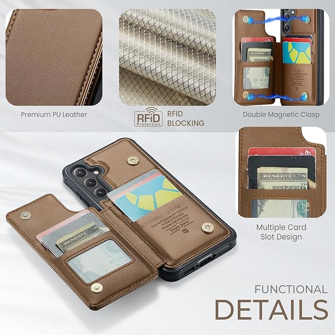 Bemal for Samsung Galaxy S24 FE Wallet Case with Card Holder, RFID Blocking, Shockproof Leather Kickstand for Men and Women, Durable Protective Phone Cover for 6.7", Brown