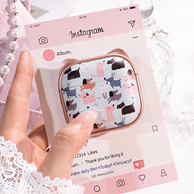 for AirPods 4 Case with Cleaning Kit, Cute Cat Ear Print Design & Cute Buckle, Inverted Phone Holder Design, Top Safe Lock Buckle Design, for Girls AirPods 4 case 2024, Rose Gold Animal