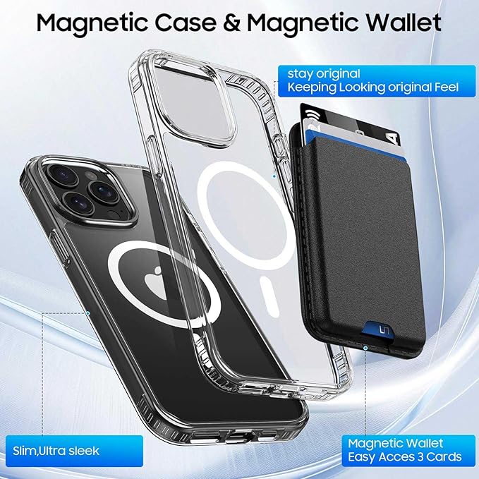 Magnetic for iPhone 12 & iPhone 12 Pro Case Clear with Black Detachable Wallet, Compatible with MagSafe, Military Protective Slim Phone Cover with Card Holder