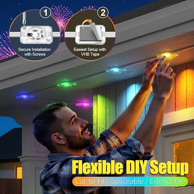 Permanent Outdoor Lights, 150ft RGB+IC Smart LED Eaves Lights, IP67 Waterproof Outdoor Lighting with App/Remote Control for Christmas, Halloween, Holiday, Daily, Party, Ideal for House Roof