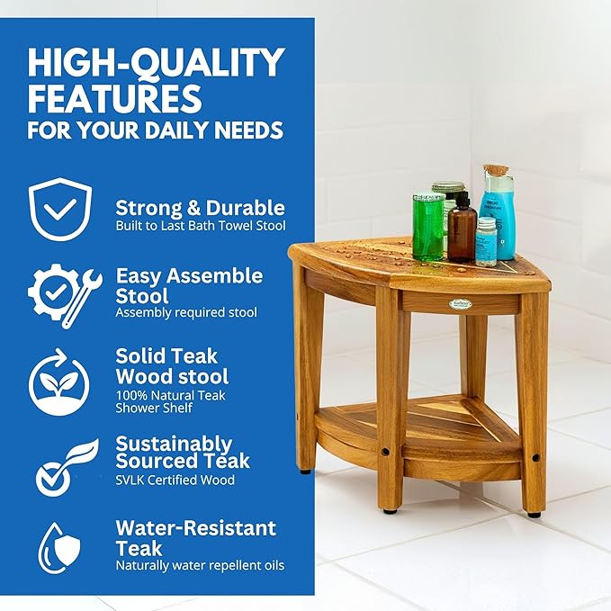 EcoDecors Teak Shower Corner Caddy 18" – Waterproof Wood Storage Organizer with Built-in Shelf and Adjustable Feet - Ideal for Small Bathrooms & Walk-in Showers - Indonesian Teak