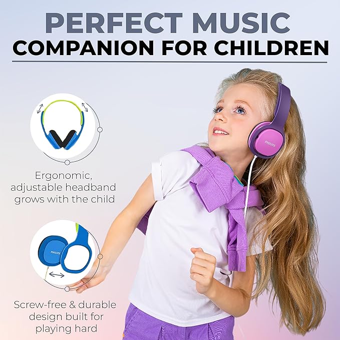 PHILIPS Kids Headphones with Cord, On-Ear Wired Headphones for Kids with Comfortable Fit & Clear Stereo Sound, 85dB Volume Limiter Headset for School/Tablet/iPad/Kindle, Ideal for Girls & Toddlers