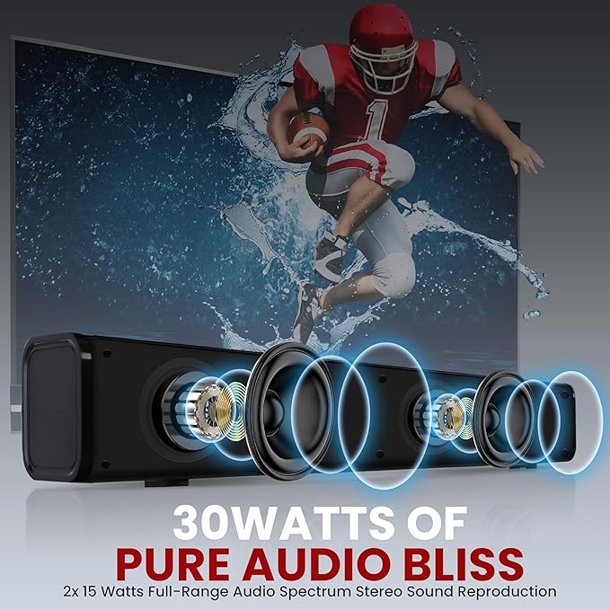 Pyle Wave Base Wireless BT Soundbar - Compact Tabletop Home Theater Sound System with AUX, Extended Bass, Full-Range Stereo, TV Stand Mount, LED Indicators, Easy Setup, 23' x 2' x 2” in