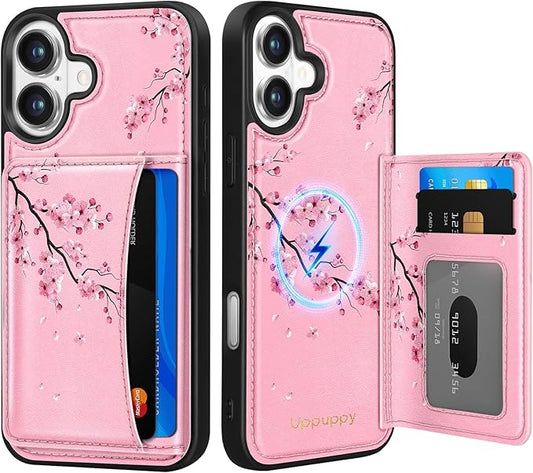 for iPhone 16 Plus Case with Wallet - Fits 4 Card Slots,Compatible with MagSafe for Women Aesthetic Durable PU Leather Credit Card Holder Kickstand Phone Cover for Apple 16 Plus, Peach Blossom