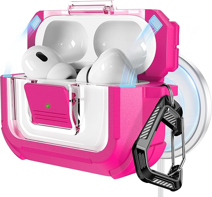 RFUNGUANGO for AirPods Pro 2 Case, Compatible with AirPods Pro 2nd/1st Generation Case, Compatible with MagSafe, Magnetic Automatic Lock with Cleaner Kit and Keychain, Front LED Visible, Rose Red