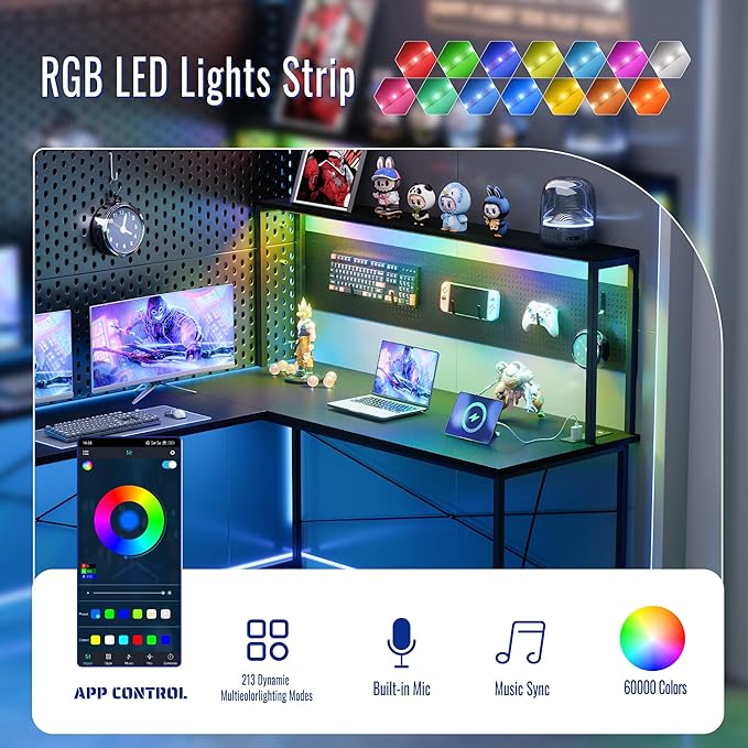 Pamray 60 Inch L Shaped Gaming Desk with LED Lights and Power Outlets Reversible Corner Computer Desk with Pegboard Storage Shelves Home Office Table for Work Study Vintage